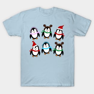 Festive Christmas Holiday Penguins with Earmuffs, Santa Hats, and Reindeer Antlers, made by EndlessEmporium T-Shirt